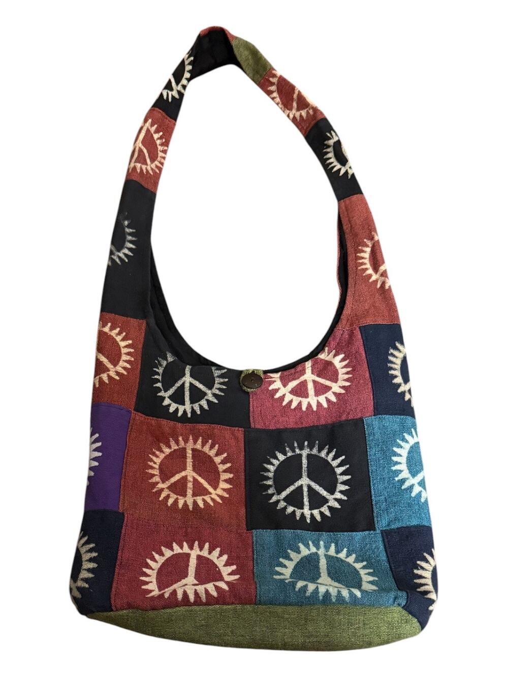 Peace Sign Patchwork Hobo Bag Nepal Cotton Boho Hippie Shoulder Purse